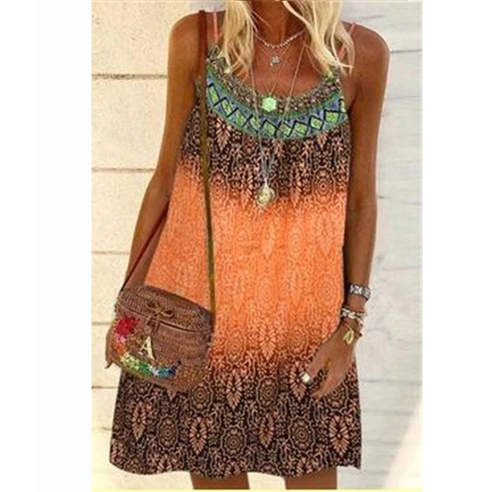 Women Summer Dress 2022 Bohemian Printed Casual Loose Sleeveless Sling Dresses Female Holiday Plus Size A-Line Mini Vestidos christmas dress Dresses