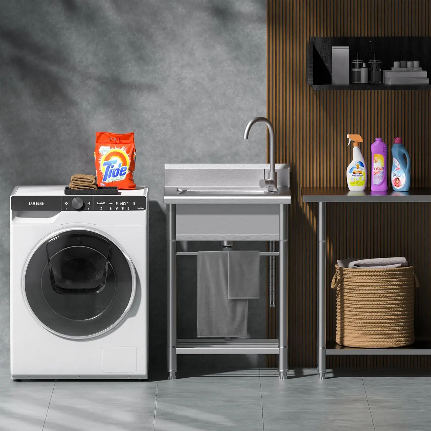 Sink Free Standing Single Bowl Kitchen Sink with Cold and Hot Water Pipe Stainless Steel Sink for Laundry Room Bathroom 6
