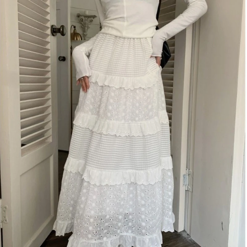 Women Cake Skirt Lace Maxi Skirt for Women Vintage Woman's Dress High Waist Vintage Sweet Girl Chic Casual Loose New White Skirt