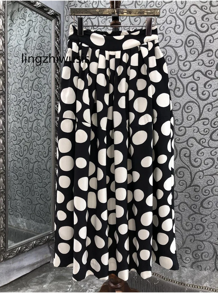 

Women Polka Dot Long Skirt 2023 Elegant Classic Black White Print Folds Skirts New Arrive