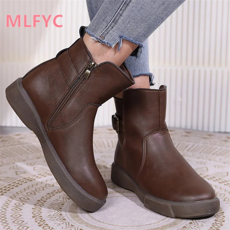 Large Women's Boots 2023 Autumn/Winter New Short Boots Round Toe Flat Bottom Casual Simple Boots Women's Vintage Boots
