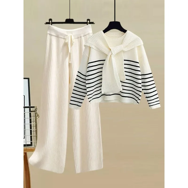 

Autumn Winter Knitwear Two Piece Sets for Women Outfits Korean Casual Striped Knitted Sweater and Wide Leg Knit Pants Sets N558