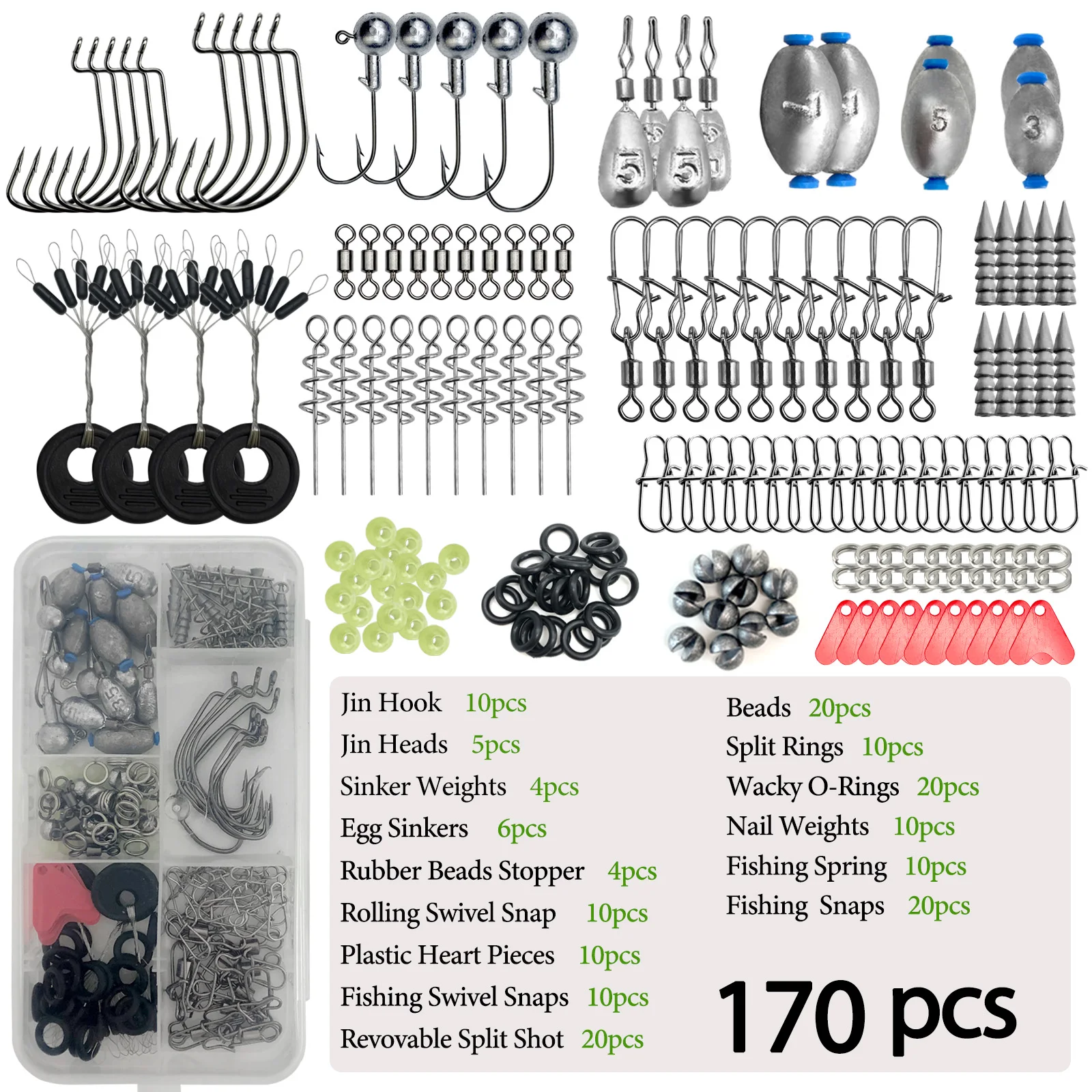 170-410pcs Professional Fishing Kit with Tackle Box, Hooks Sinkers Swivels for B