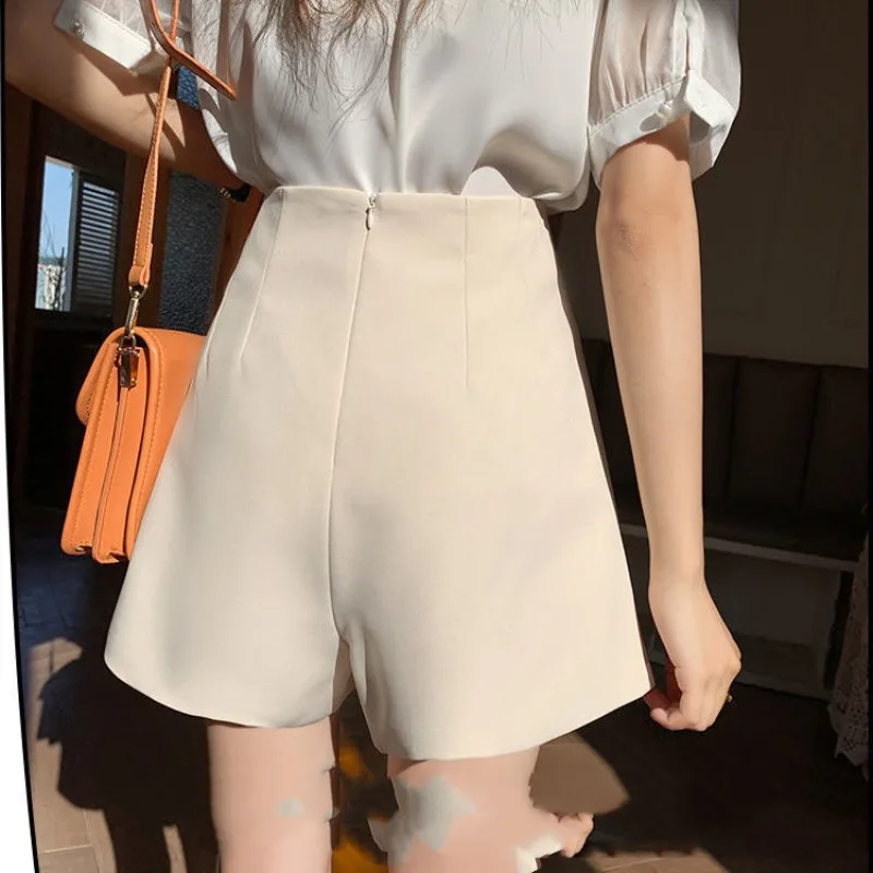 Women's Clothing Solid Color High Waisted Zipper Shirring Casual Fashion Elegant Summer Wide Leg Knee Pants Vacation Shorts