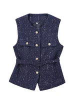 Women Sequin Blue Vest New Fashion With Belt Vests for Women 2024 Autumn Sleeveless Coat Streetwear Chic Waistcoat Tops - Image 5