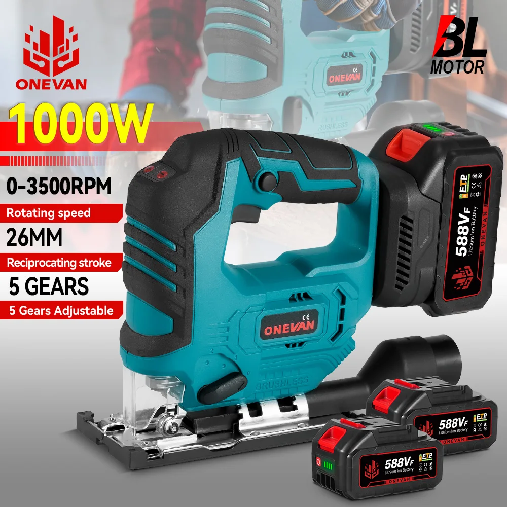Cordless Jigsaw Brushless Electric Jig Saw 1000W 3500RPM Cordless Jigsaw Angle Adjustable 3-Speed Woodworking Power Tool for 21V 18V Battery