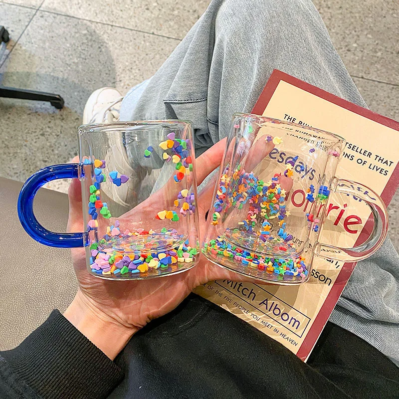 

Double-layer glass with handle love quicksand water cup milk cup coffee cup high temperature resistant drinking utensils