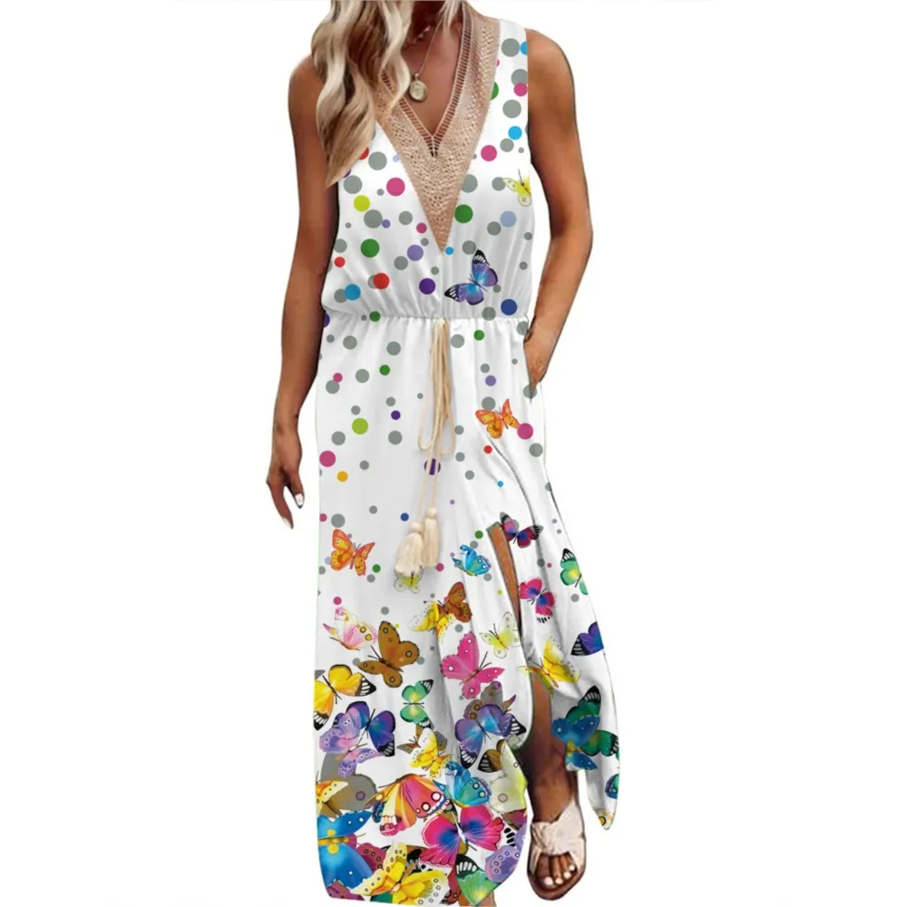 

2023 Summer 3D Butterfly Print Long Dresses For Women Casual V-neck Sleeveless Split Dress Fashion Elastic Waist Lace Up Vestido