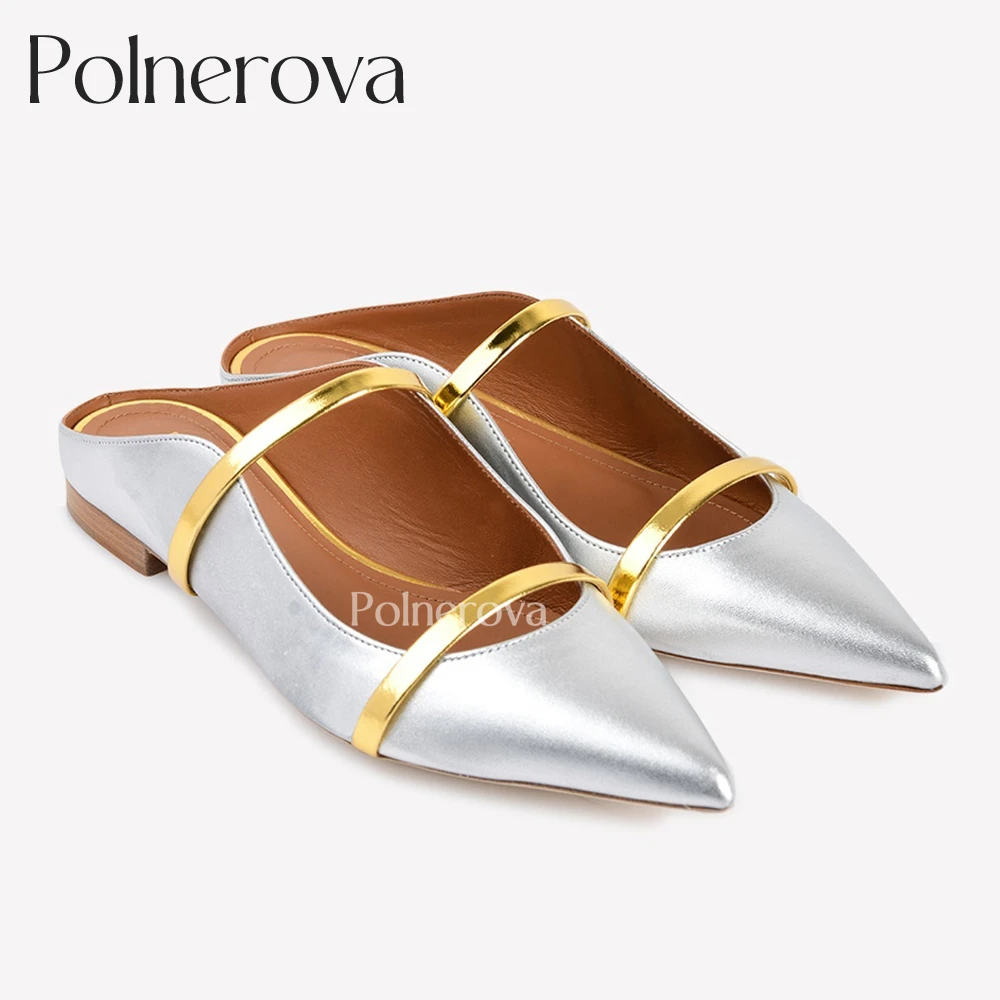 Pointed Toe Flat Mules Classic Designer Style Slippers Colorblocked Concise Flats for Banquet Elegant Leather Slippers for Women