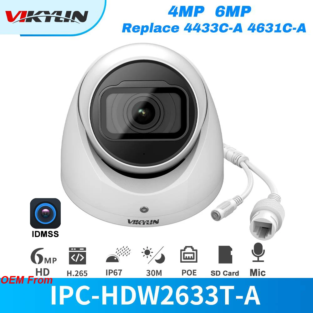 Vikylin IP 카메라 DHOEM OEM IPC-HDW4433C-A IPC-HDW4631C-A4MP, 6MP SMD 플러스 돔, 금속 별빛 내장 마이크, 보안 보호