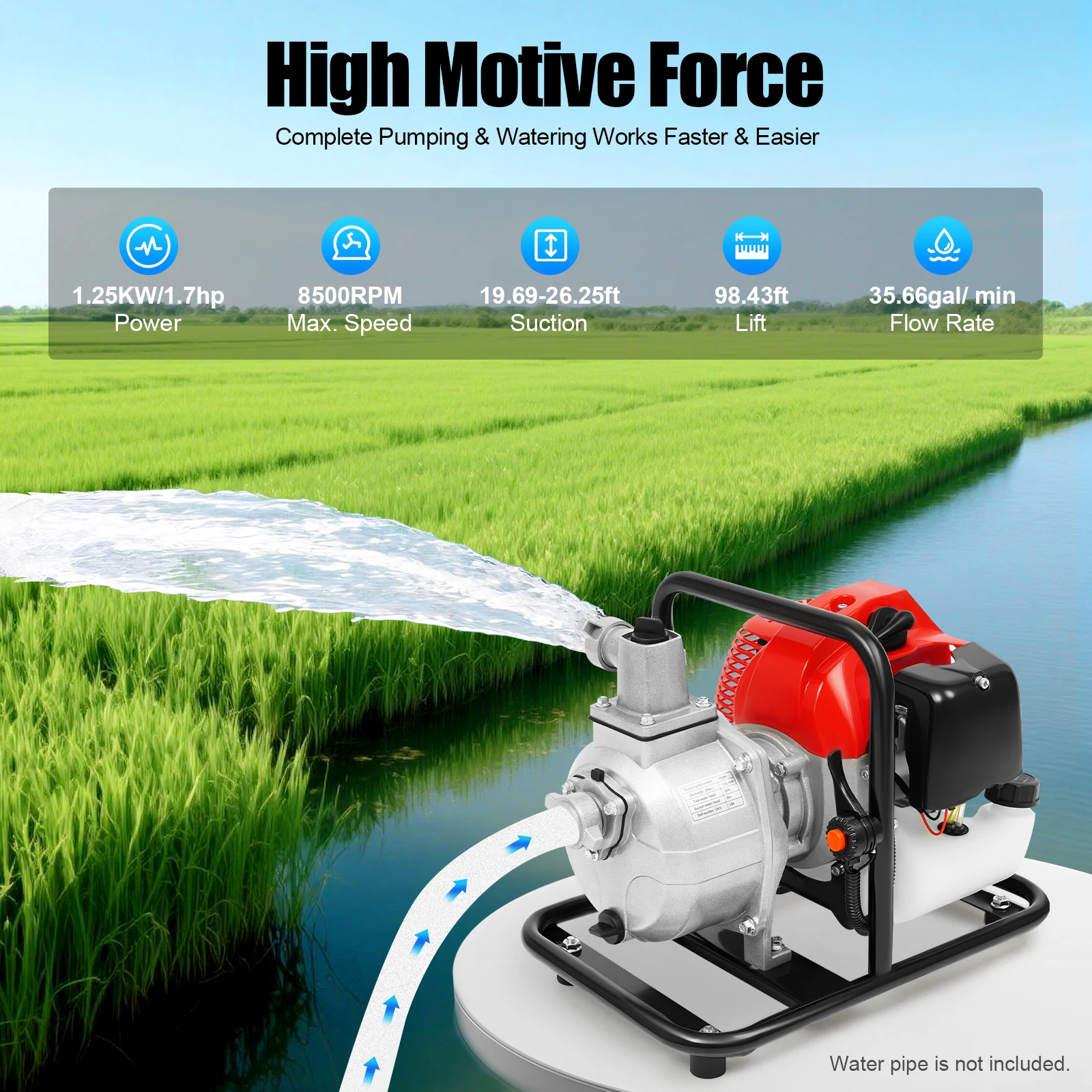 1.7HP 43cc Gasoline Water Pump 35 GPM 98FT Lift High Flow Self Priming Pump for Irrigation Drainage Pool Farm Use