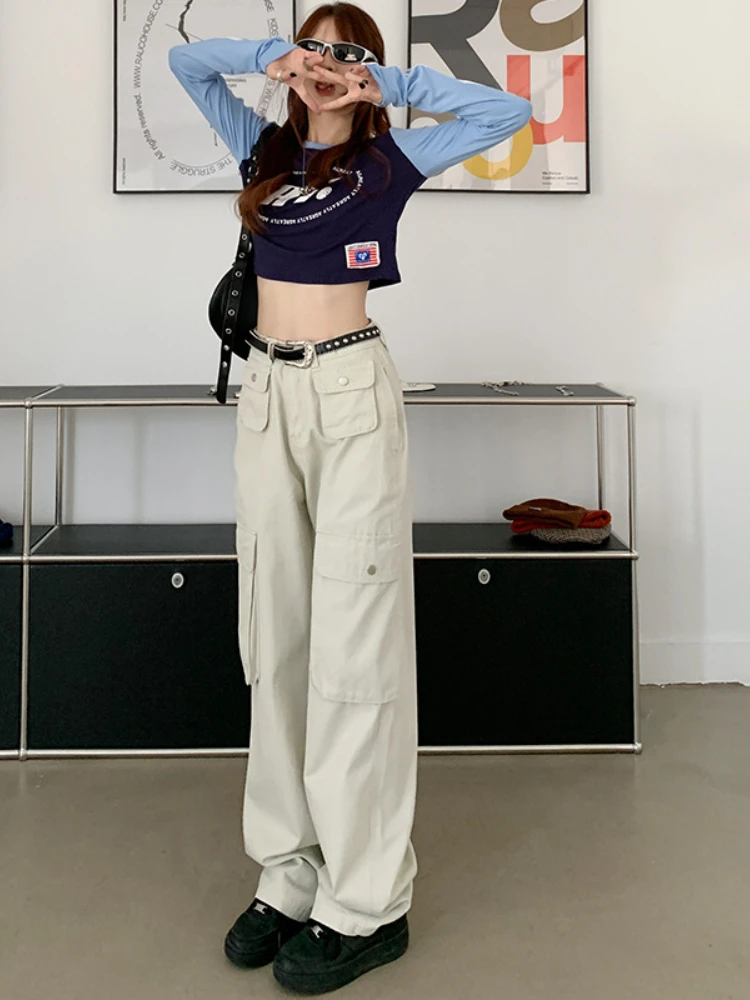 

Korean Fashion Pocket Wide Pants Causal Women's Wide Clothes High Waist Cargo Pants Summer Wide Pants Loose Y2k Clothes Women