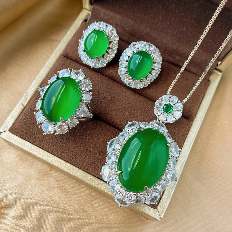 

EYIKA Vintage Zircon Red Imitation Jade Flower Pendant Necklace Earrings Ring Green Chalcedony Wedding 3 Pieces Jewelry Set