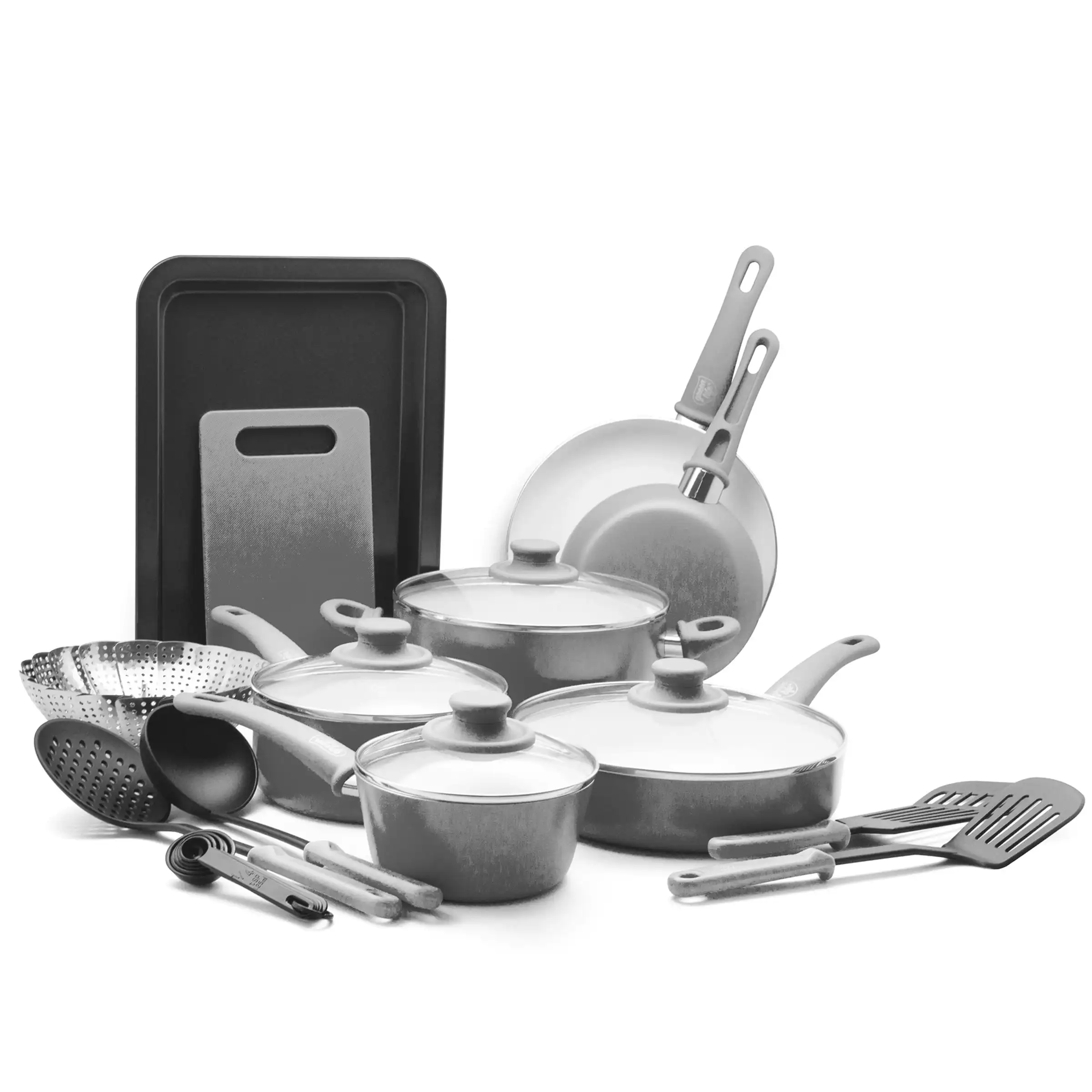 

18-Piece Soft Grip Toxin-Free Healthy Ceramic Non-Stick Cookware Set, Gray, Dishwasher Safe