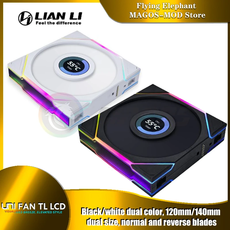 Lian Li LCD TL120 TL140 Uni 선풍기 정방향 및 역방향 컴퓨터 케이스 선풍기, 1.6 인치 모니터 디스플레이, 400*400, 1/3 팩, 신상