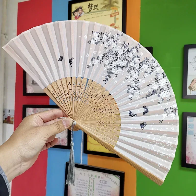 Folding Fan Hand Fan Chinese Archaic Tassels Floral Decoration Hollow Bamboo Rib Woman Summer Handheld