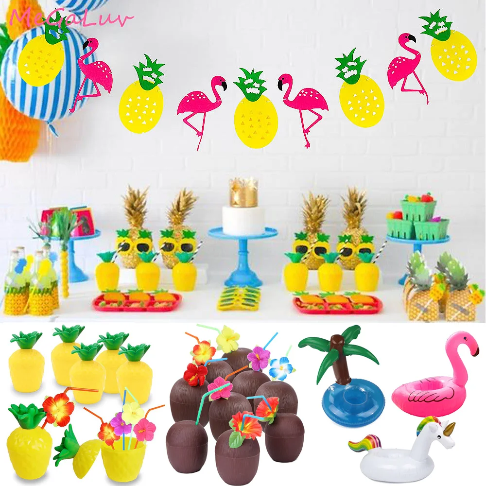 Hawaiian Luau Party Float Inflatable Drink Cup Holder Flamingo Banner  Garland Pineapple Coconut Cups Summer Tropical Party Decor