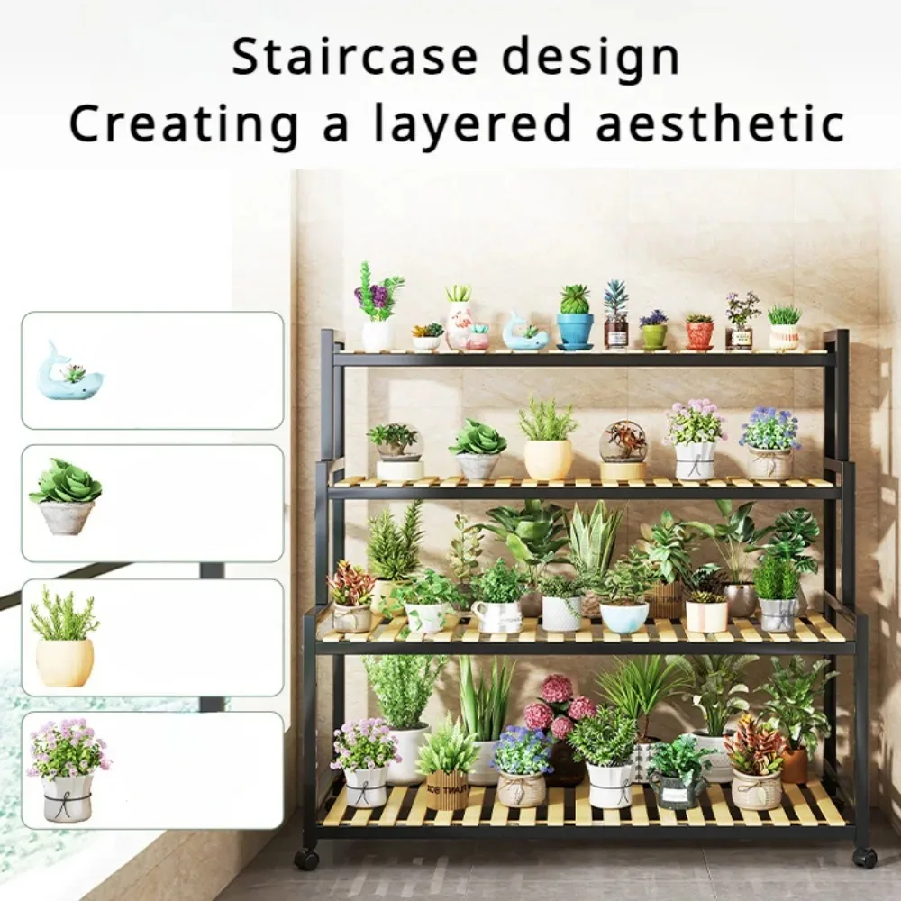 Multi Layer Flower Rack Mobile With Wheels Floor Standing Storage Planter Shelf Floor Indoor Outdoor Iron Staircase Flower Rack Storage rack plant stand wooden flower shelf