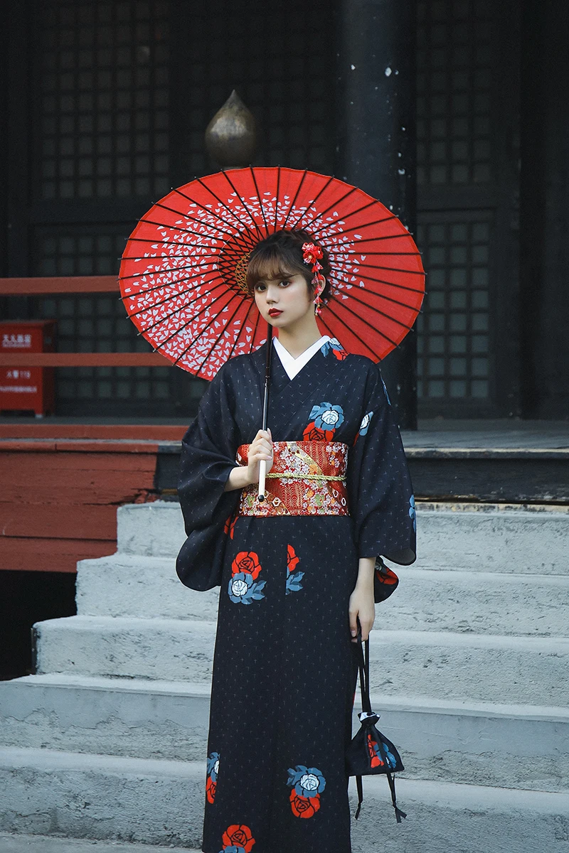 Japanese Women Original Yukata Dress Traditional Kimono Performance Dance Costumes Black Color Two Sizes