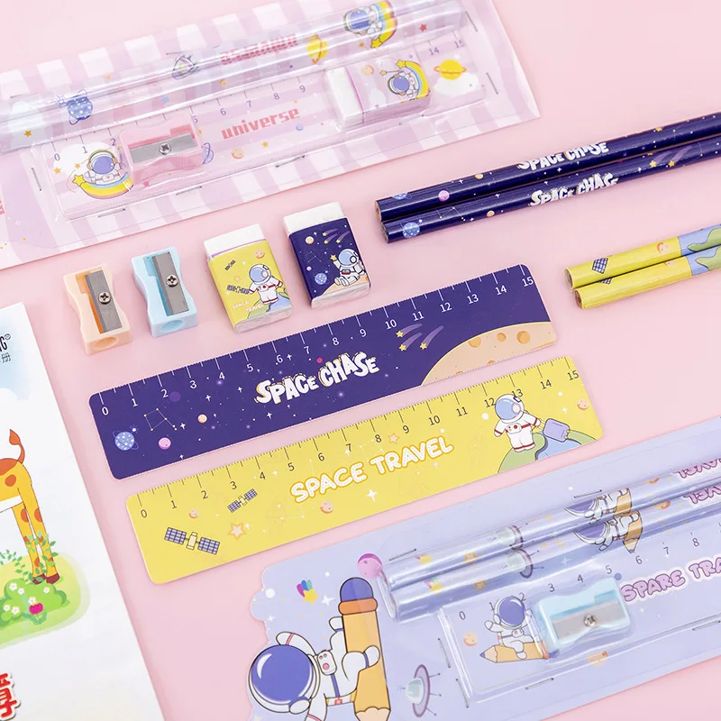 

5Pcs/set Kawaii Stationery School Supplies 2022 Cute Pencil Sharpener Eraser Ruler Cartoon Astronaut Stationery Set