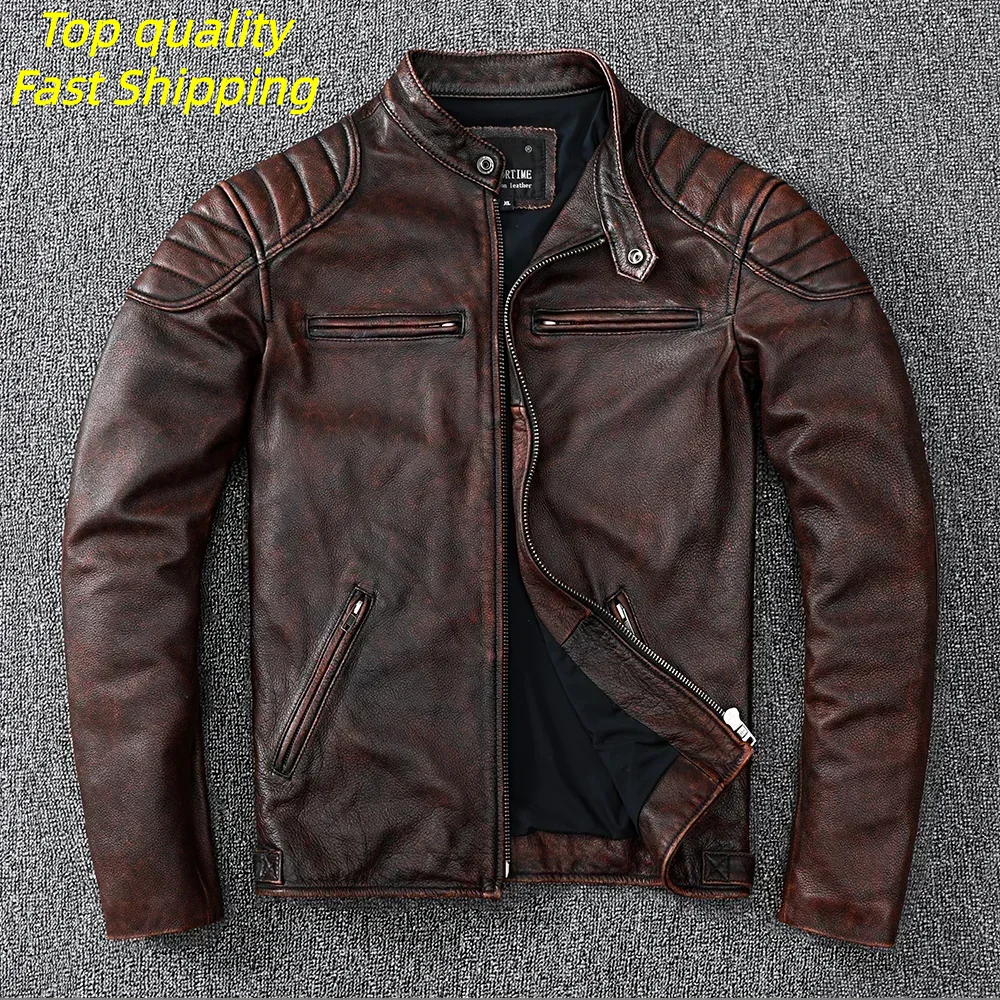 Free Shipping 2025 New Vintage Style Mens Cowhide Clothes Biker Leather Jacket Fashion Brown Leather slim coat men