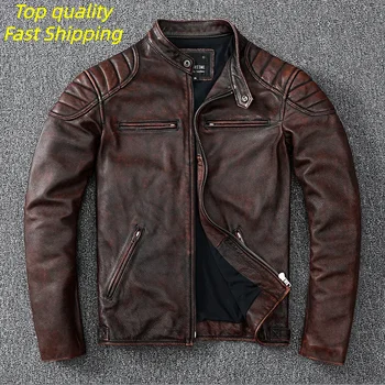 Free Shipping 2025 New Vintage Style Mens Cowhide Clothes Biker Leather Jacket Fashion Brown Leather slim coat men