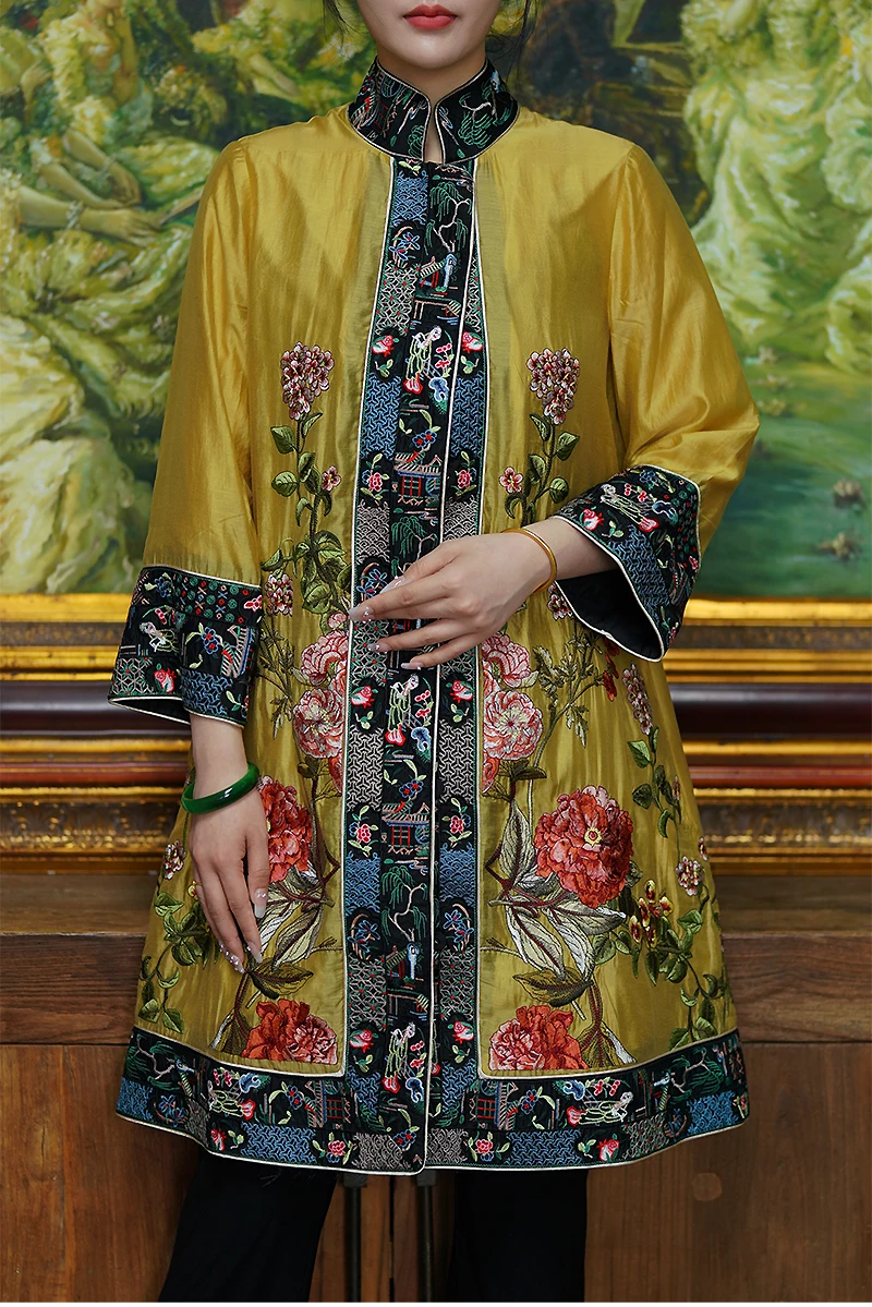 Women's Standing Collar Rayon Embroidered Flower Coat Three Quarter Sleeves Long Top M-XXL