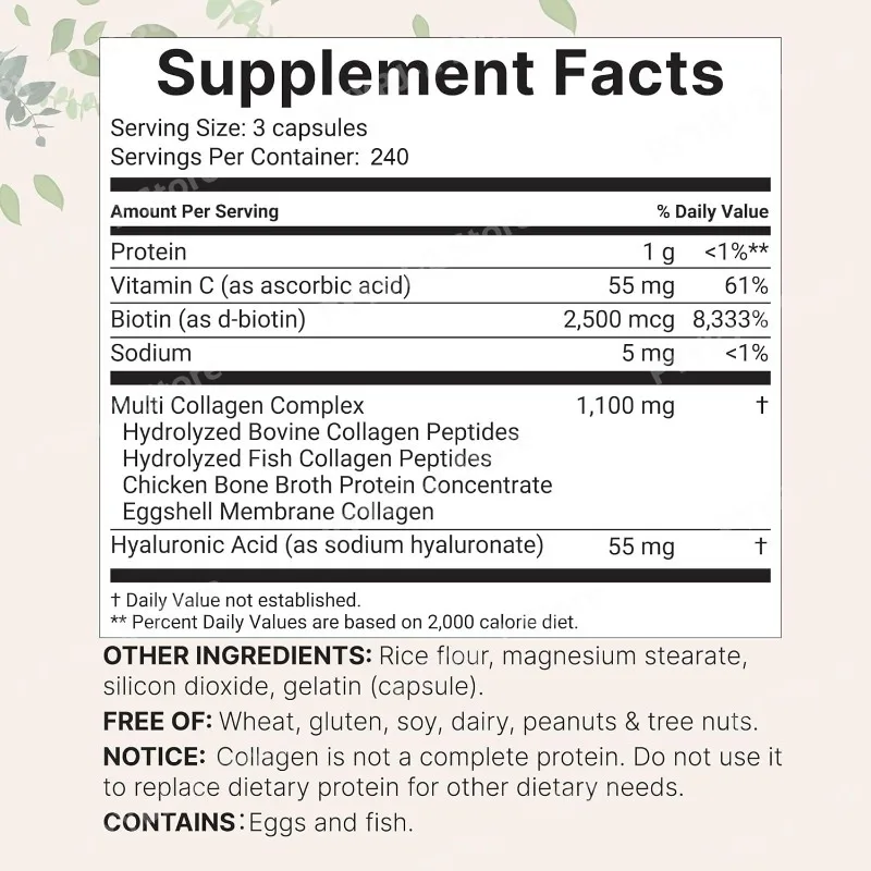 Multi Collagen Pills 240 Capsules | Type I II III V X | Hydrolyzed Protein Peptides with Biotin Hyaluronic Acid & Vitamin C