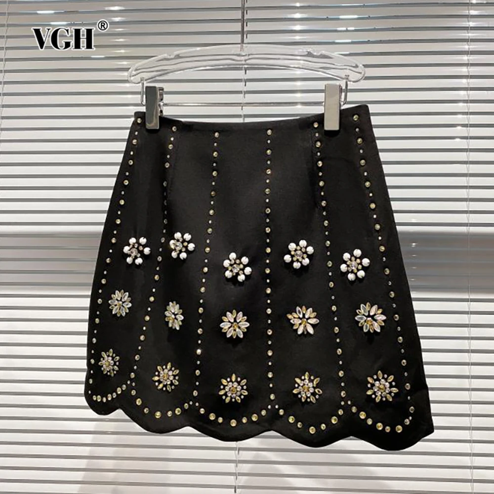 

VGH Solid Patchwork Diamonds Mini Skirts For Women High Waist Spliced Zipper Minimalist Casual Skirt Female Clothing Fashion New