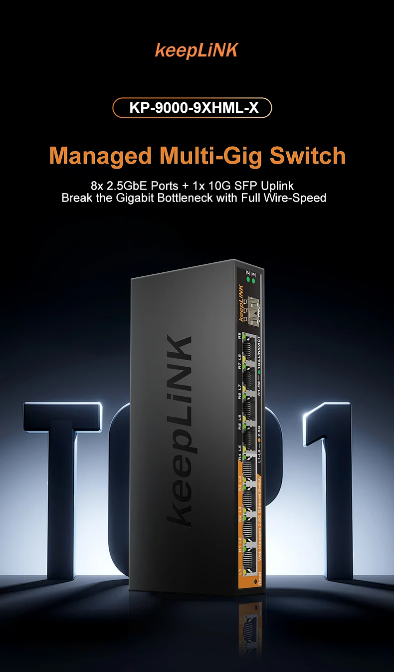 KeepLiNK KP-9000-9XHML-X 9-Port Web-Managed Network Switch | 8 x 2.5Gb RJ45+ 1 x 10Gb SFP+ for Uplink IGMP Snooping