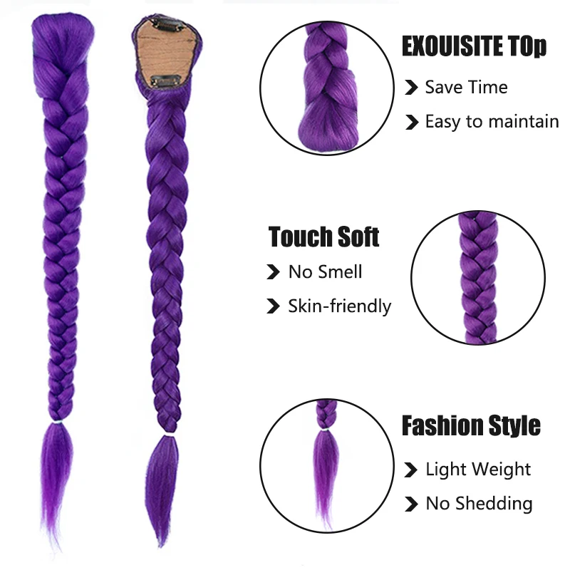 Synthetic 26inch Long Braided Purple Hair Ponytail Rumi Costume Hairstyle Ponytail with Clips for Kids Girls Halloween Christmas