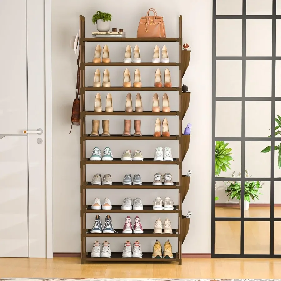 Tall Shoe Rack 10 Tier Organizer for Closet 3035 Pairs Large Capacity with 5 Hooks and Side Pocket Sturdy Metal Shoe Shelf Vert