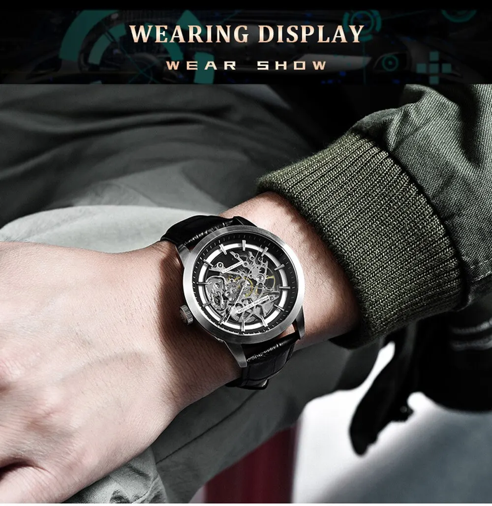 Men Mechanical Watch Stainless Steel Waterproof Sports Leather