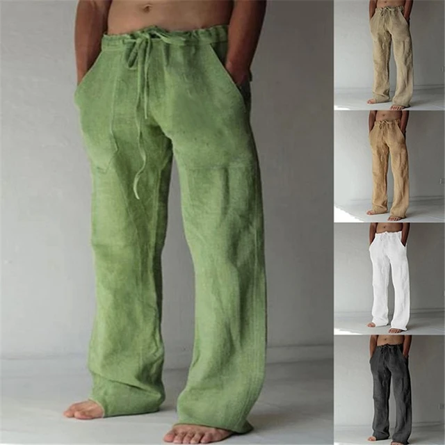 Casual Men's Cotton Linen Pants Fashion Solid Pocket Drawstring