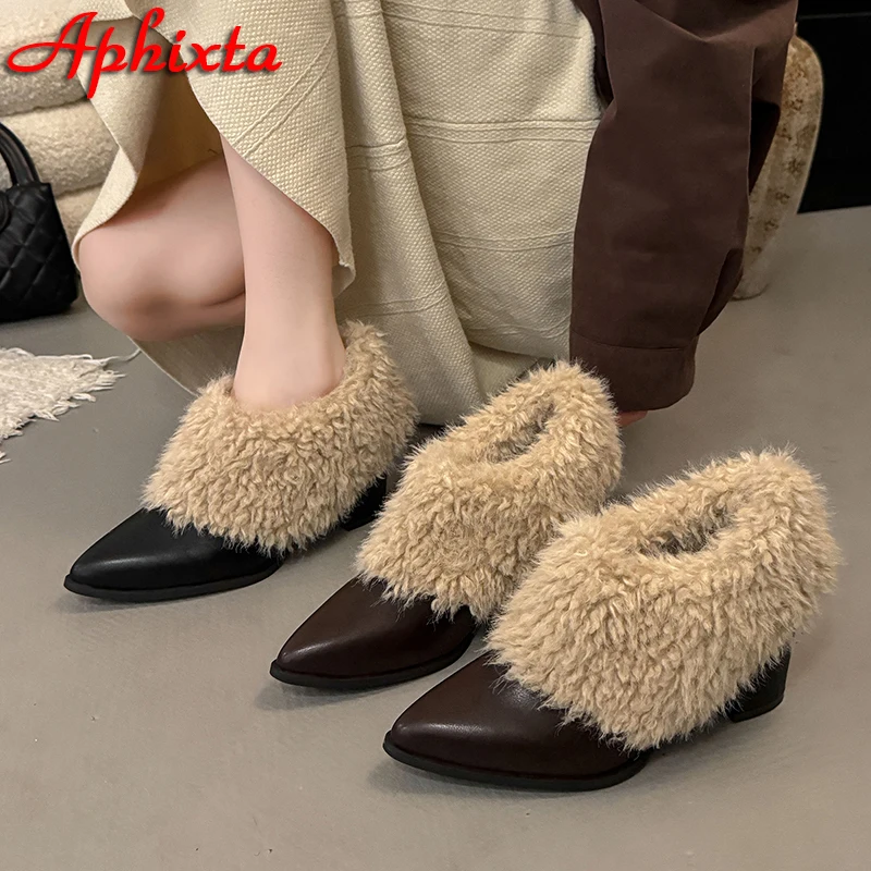 Aphixta Plush 7cm Chunky Heel Pumps Pointed Toe Curl Hair Warm Winter Shoes Women Bold and Versatile