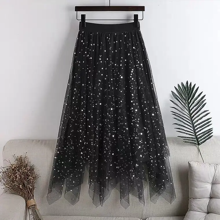 

Star Sequin Irregular Gauze Skirt Elastic High Waist A-line Skirt Women Tulle Mesh Skirt
