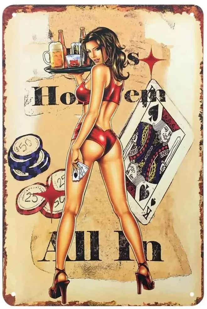 

Девушки Pinup, жестяной знак, официантка для казино с красным бикини, играйте в покер, держите винный поднос, винтажные металлические жестяные знаки