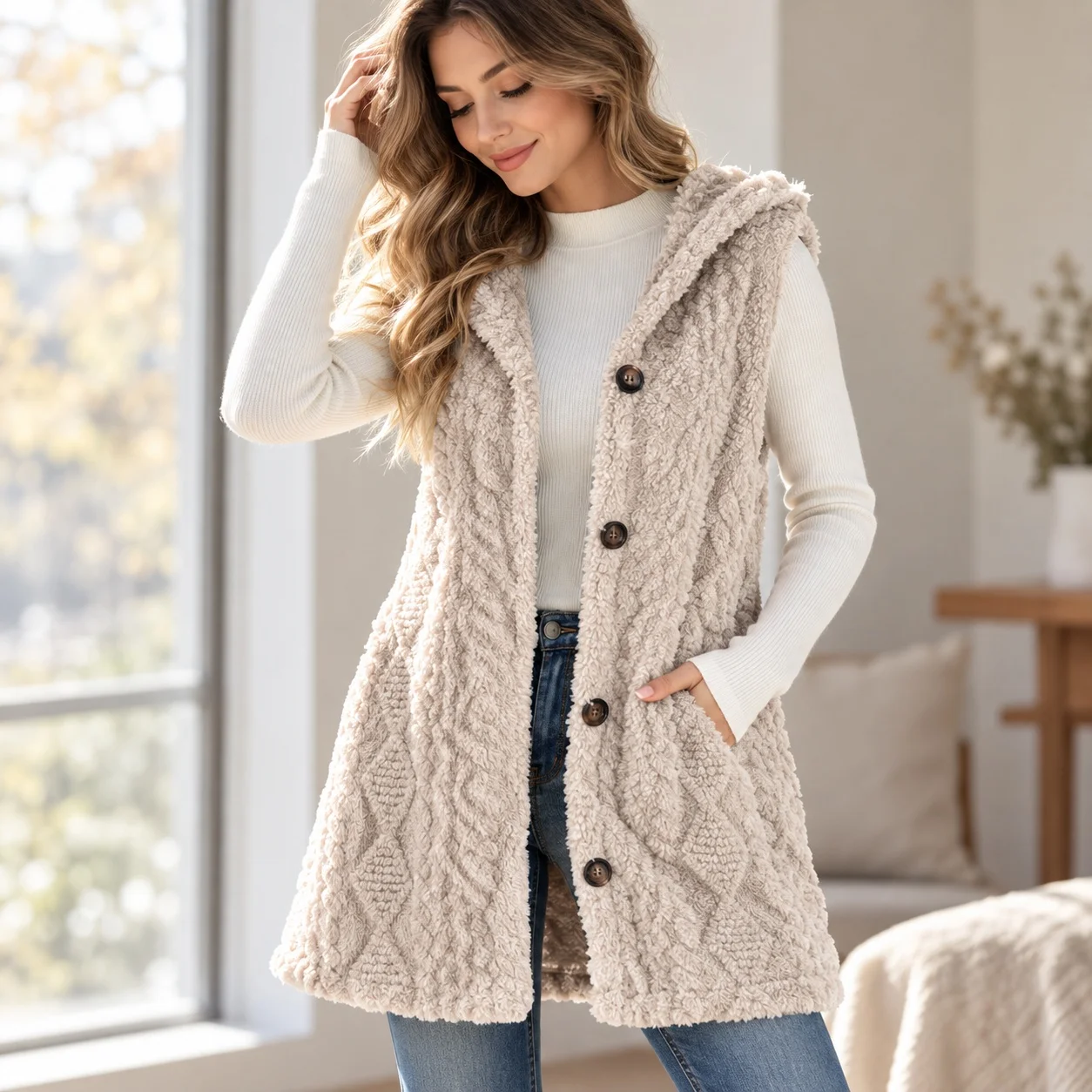Casual Hooded Vest Mid Length Regular Fit Japanese Korean Casual with Single Breasted Button Closure Open Front Women Vest
