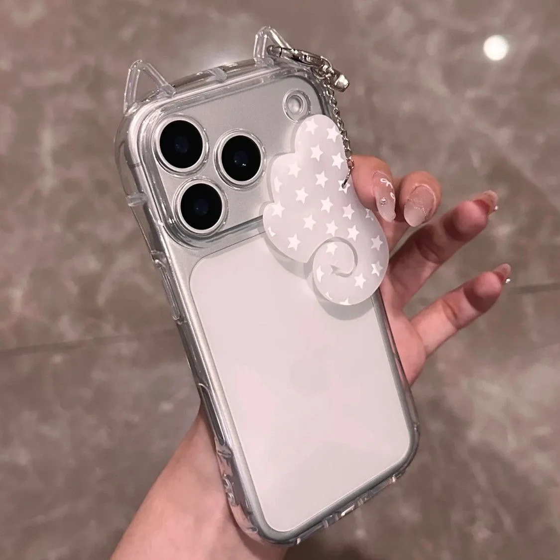 3D Ears Clear Case with Cute Star Angel Wings Pendant