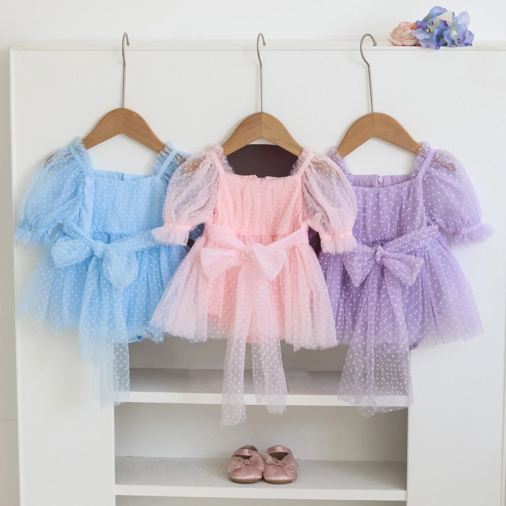 Sweet Princess Dress For Girls Baby Cotton Puff Sleeve Dress Summer Mesh Waist Tressel Baby Shoes And Accessories