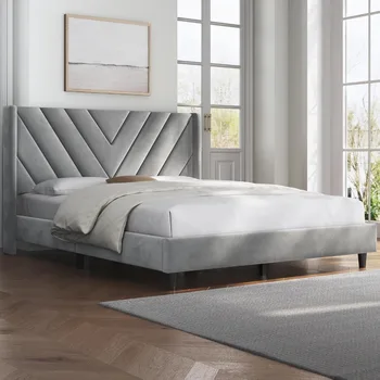 Bed Frame Upholstered Platform Bed with Wing Side/Wooden Slat Support/Tufted Headboard with Wing Side/Mattress Foundation 3