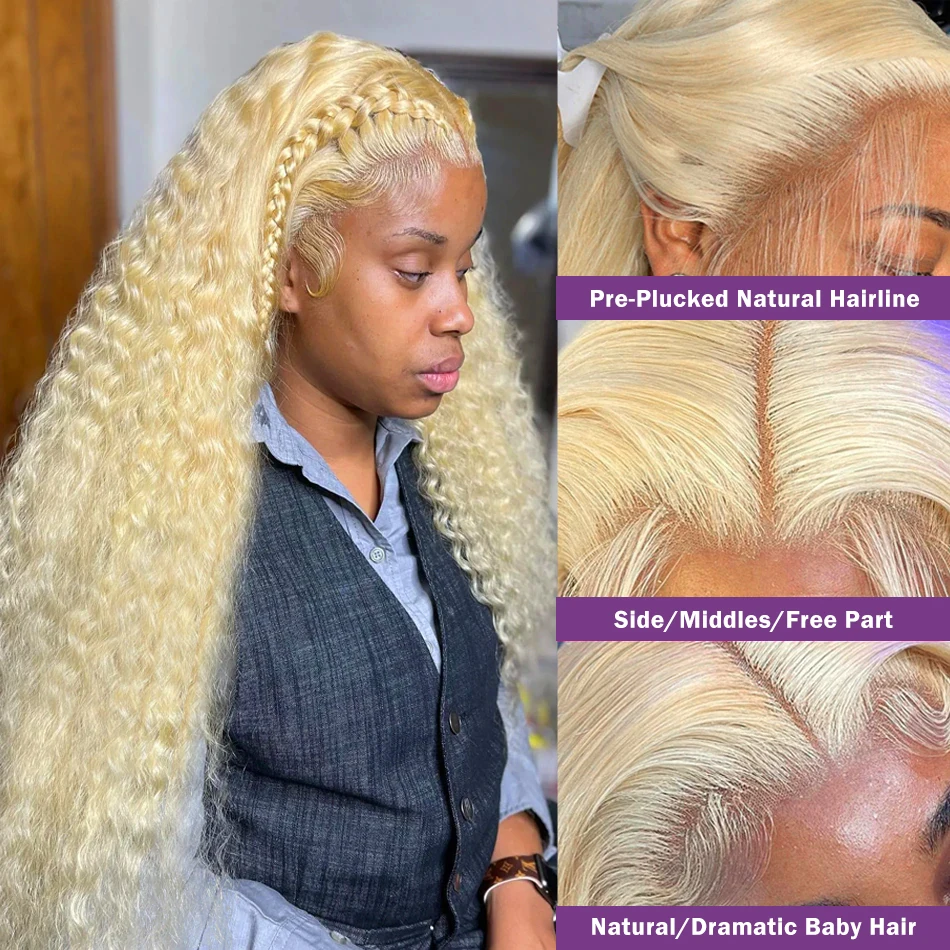 Perruque Lace Wig Deep Wave Brésilienne Naturelle, Cheveux Crépus Bouclés, Couleur Blond 613, 13x6, 13x4
