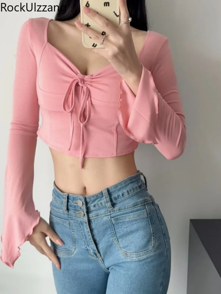 

2024 Spring Long Sleeve Sauare Collar T-shirts Ruffled Flare Slim Cropped Tops Women Y2k Aesthetic All Match Bandage Tees