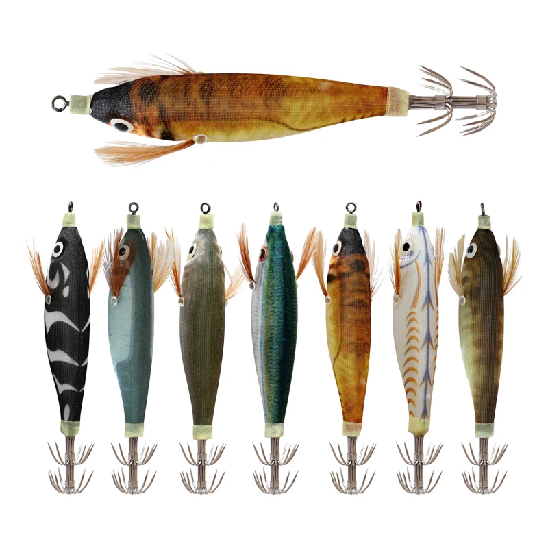 14pcs Luminous Squid Fishing Birds With Hook Wood Shrimp Bait Wobbler