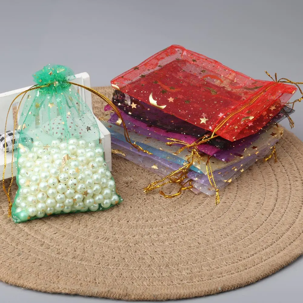 50pcs 9x12cm 스타 문 크리스마스 Organza 선물 가방 매력 보석 포장 Drawstring 가방 & 파우치 도매