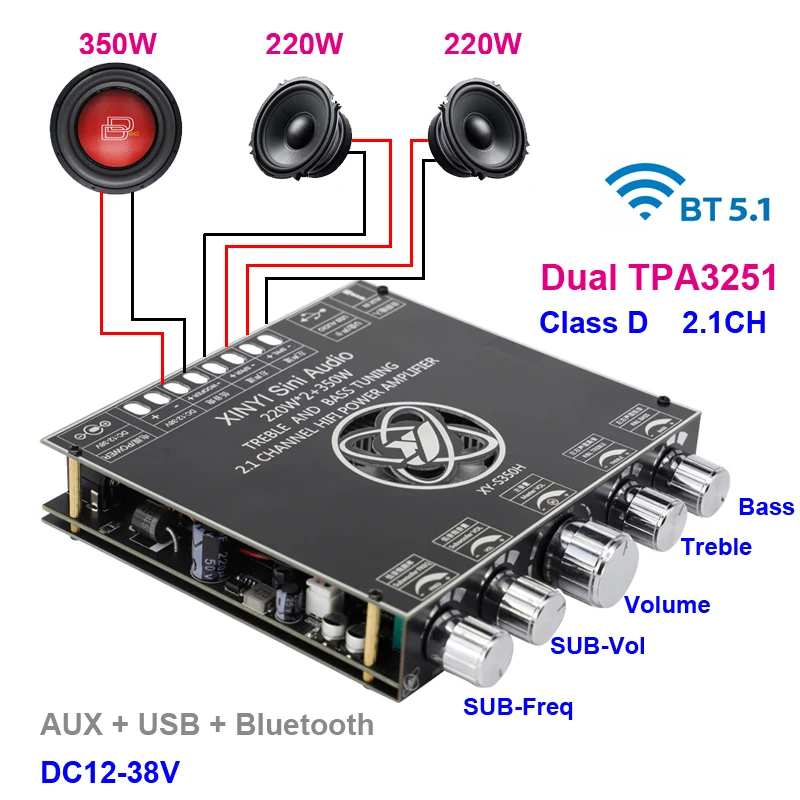 TPA3251 2*220W + 350W Bluetooth Плата усилителя мощности 2 1 Ch Класс D Сабвуфер аудио стерео