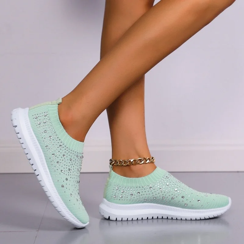 Women's Shoes Spring 2022 New Breathable Flying Shoes Casual Shoes Trend Rhinestone Casual Sleeve Large Size Women's Shoes