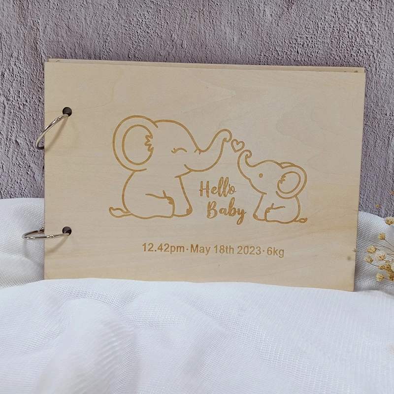Personalized Baby Shower Guestbook Cute Elephant Wooden Guest Book DIY Cartoon Album Baptism Event & Party Decor Baby Gifts