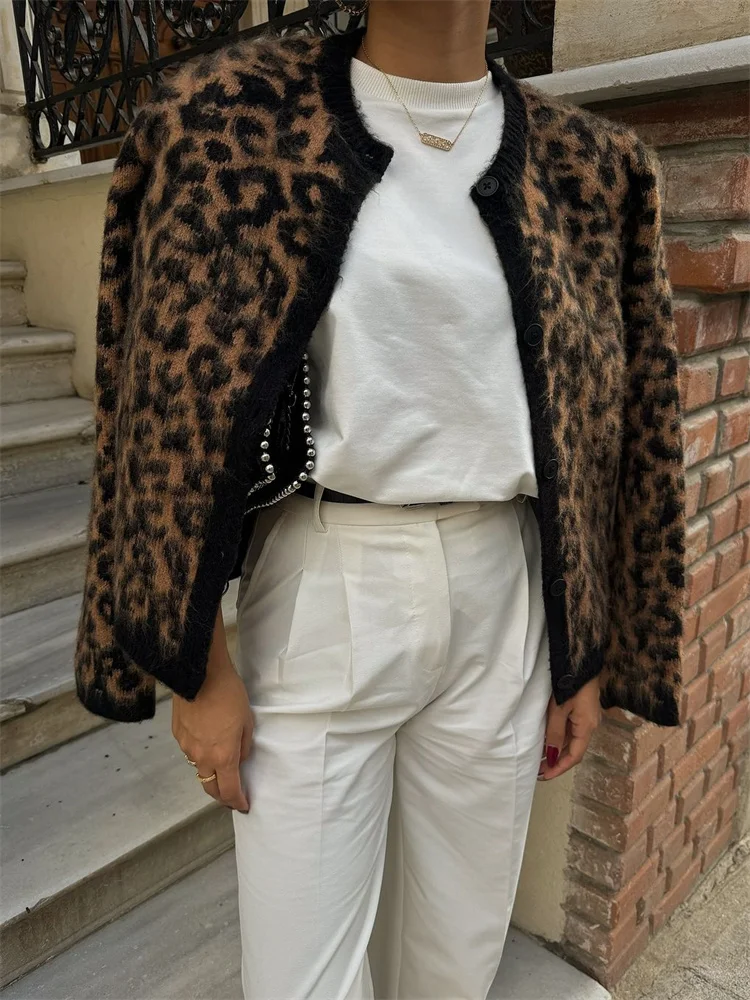 Suéter tipo cárdigan de leopardo para mujer, con estampado de moda en contraste, holgado, de manga larga, para ir al trabajo, cárdigan de otoño para mujer