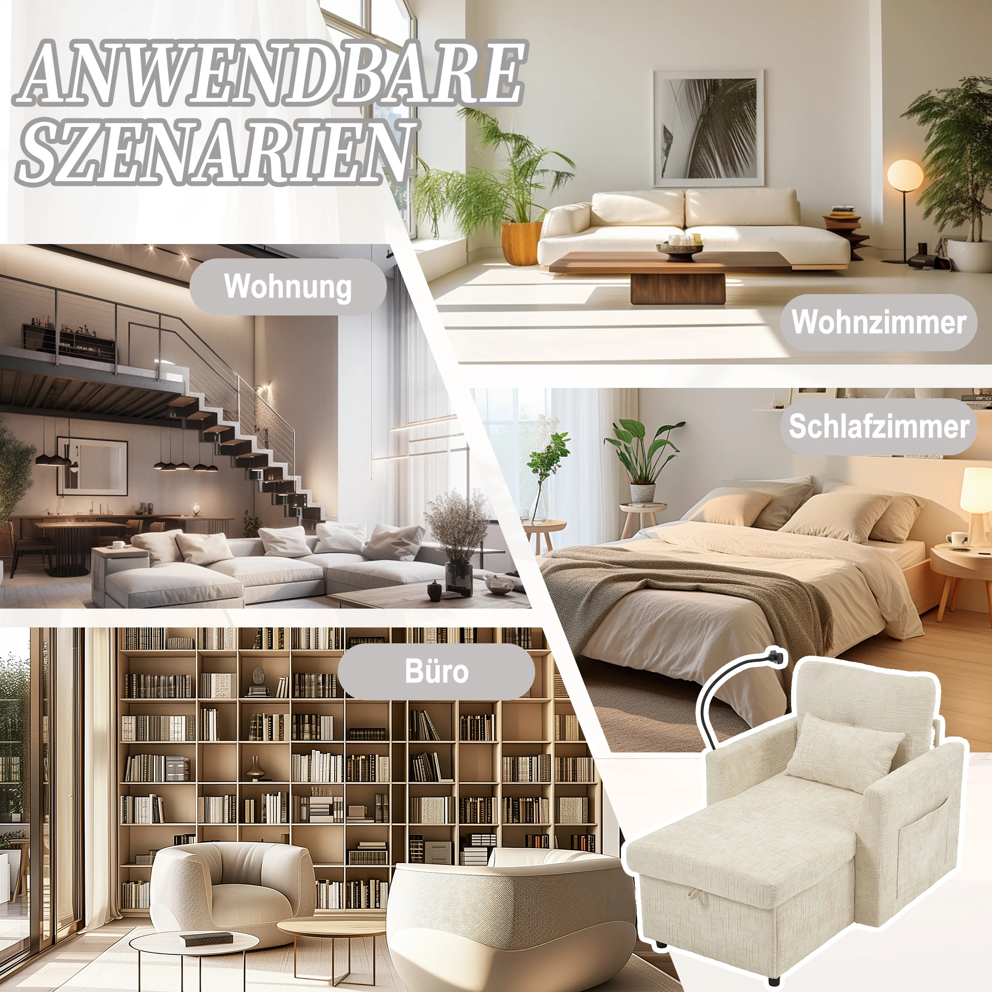 PINGGO Multifunktionales Schlafsofa im Wohnzimmer, Freizeitstuhl mit Handyhalterung, Schlafzimmer-Einzelstuhl mit Chenier – Detail 4